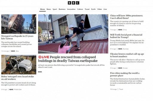 花蓮強震 CNN、BBC頭版追蹤台灣災情 美測報規模7.4 日本上修7.7級