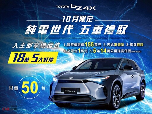 即刻入主良機！TOYOTA純電休旅bZ4X，達18萬優惠＋五重禮馭、限量50台！