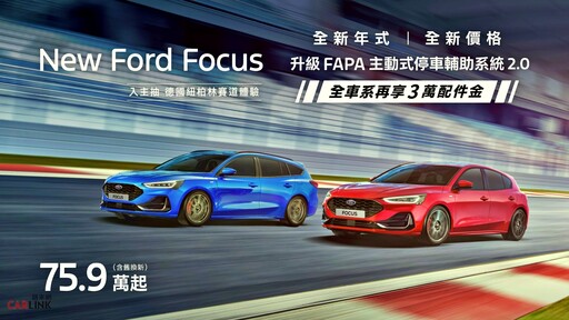 新年式Ford Focus舊換新75.9萬元起，新增主動式停車輔助系統2.0，再享最高9萬元降幅！