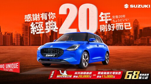 歡慶SWIFT在台灣20年，經典20年感謝有你，全車系來店禮乖乖聯名包、試車禮乖乖聯名御守。