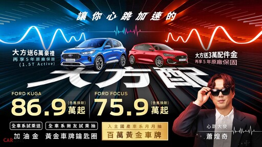 福特六和祭出「大方配」回饋方案!入主月月抽百萬黃金車牌,全車系試乘送加油金!