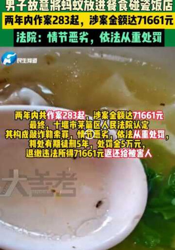 湖北男子用「螞蟻碰瓷」餐廳 兩年詐賠32萬元遭判刑5年