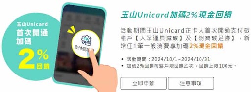 玉山Unicard 指定百大通路最高新戶5%、舊戶4.5%回饋