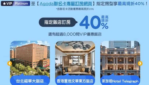 中信Agoda聯名卡，訂房16%/交通餐飲5%/最高40%折扣