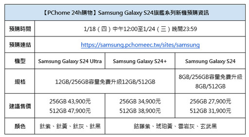 新年換「星」機！三星搭載Galaxy AI應用旗艦新機Galaxy S24旗艦系列正式登場！ PChome 24h購物1/18中午12:00開放預購 容量免費升級至512GB