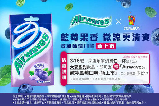 COMEBUY嚼醒聯名 Airwaves無糖口香糖，好喝「鮮萃大麥」送 185,000 粒新上市(微冰藍莓)口香糖，開啟微涼莓好一天