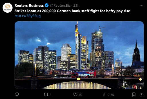 歐元區最大經濟體銀行要求加薪 德高通膨導致20萬員工醞釀罷工