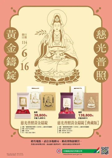 郵局推慈光普照黃金鑄錠 最貴13.88萬元