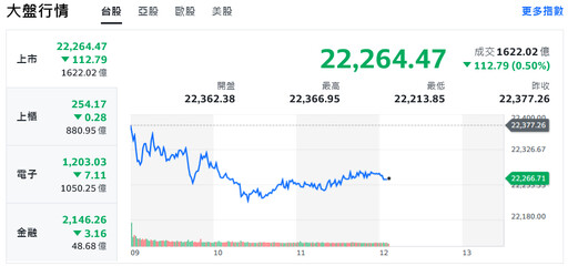 電子權值股休兵 台股盤中下挫逾160點、陷年線保衛戰