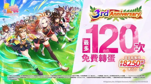 《賽馬娘Pretty Derby》繁體中文版邁入3週年，登入可獲得最多免費120次轉蛋、8250個寶石及SSR支援卡片！