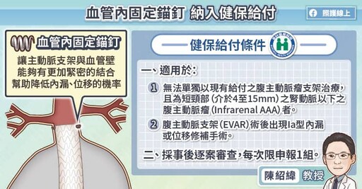 微創主動脈支架手術再進化，血管內固定錨釘納健保給付，主動脈瘤與主動脈剝離混合式手術解析，心臟血管外科醫師圖文懶人包