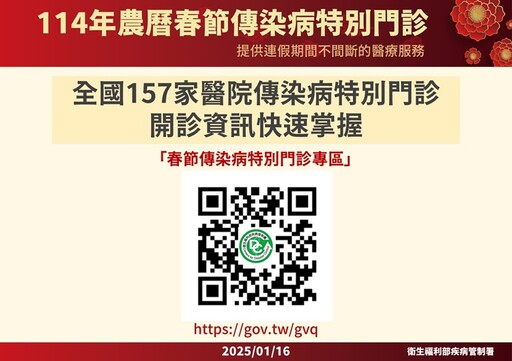 春節期間服務不打烊，初1至初3全國開設傳染病特別門診1,230診以協助急診分流，掃一下ORCODE掌握資訊