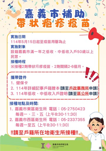 肺炎鏈球菌、新冠、帶狀疱疹疫苗 嘉義假日門診免費接種
