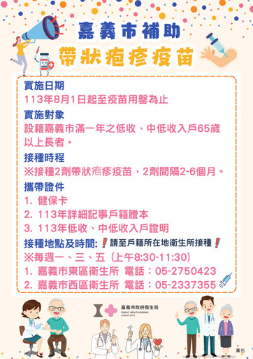 65歲以上中低收入戶弱勢長者 8/1起嘉市全額補助施打帶狀疱疹疫苗