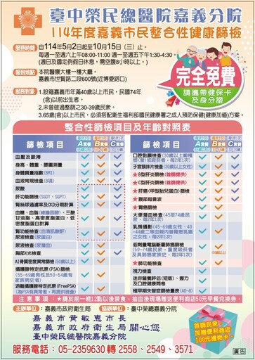 嘉義市民「整合性篩檢」服務再升級 嘉義榮院貼心服務助您健康