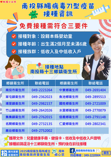腸病毒疫情升溫 南投弱勢家庭幼童免費腸病毒71型疫苗接種