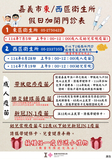 嘉市東、西區衛生所加開假日門診提供肺炎鏈球菌、新冠JN.1疫苗接種服務