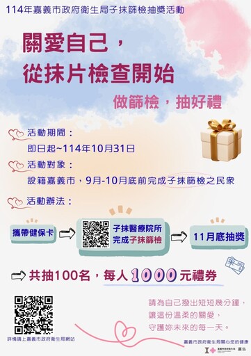 嘉義市抹片檢查抽百名千元禮券 25歲以上婦女限定