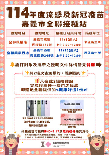 11月1日起嘉市開放流感及新冠疫苗開放第二階段對象接種