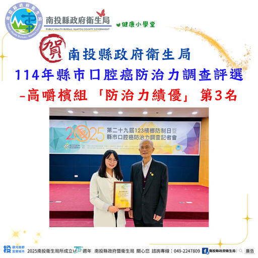 123世界檳榔防制日 南投縣口腔癌「防治力績優」第3名