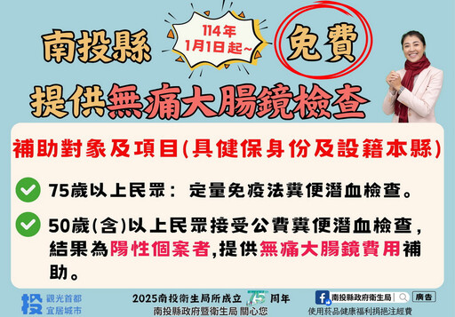 維護民眾健康 投縣今年起免費提供無痛大腸鏡檢補助