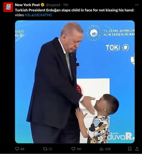 男童上台行禮忘獻吻！土耳其總統當眾「一記耳光」 官員當場嚇壞：不是第一次