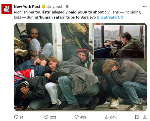 射殺平民當週末娛樂！富人戰時赴薩拉熱窩人類狩獵 8萬8英鎊買命「可額外付費射殺孩童」