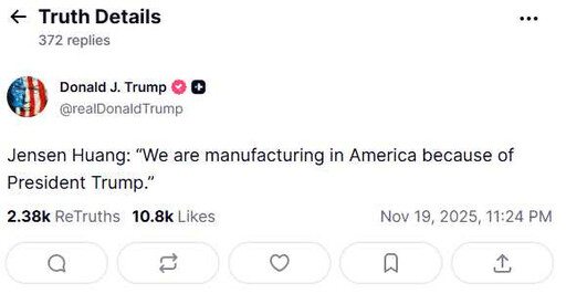 喊晶片業被搶走「可恥」！川普澄清不怪台灣 突轉貼黃仁勳3句話