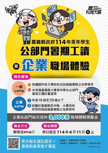 嘉縣企業暑期職場體驗,霸氣加碼3,000元獎勵金