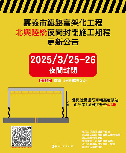 北興陸橋配合鐵高施工03/25及03/26夜間(21時至翌日6時)全線封閉