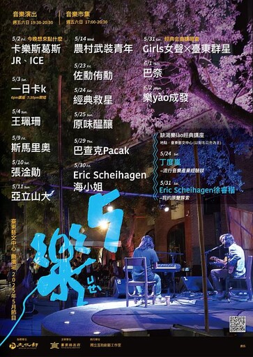 樂廣場音樂演出5樂倒數中 歡迎至臺東藝文中心前廣場一起回味流行音樂經典金曲