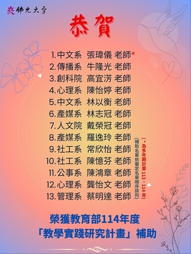 教學實踐成果再創佳績 佛光大學12件計畫獲教育部補助