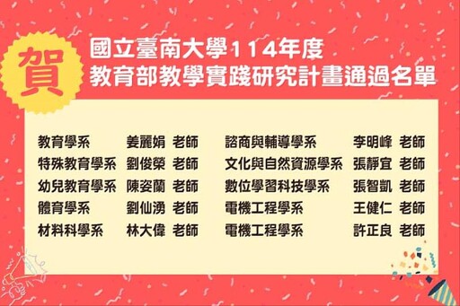 臺南大學教學實踐展現研究動能 資深穩健 新秀表現亮眼