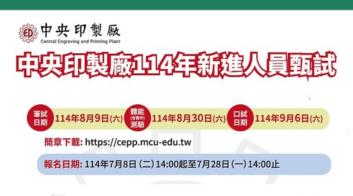 中央印製廠招考45名新進人員 起薪最高可達51K