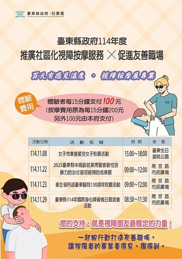 視障按摩展專業 臺東縣府百元體驗活動最終場11/29南京路市民廣場見