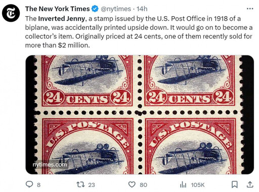 超稀有「顛倒飛機郵票」6500萬天價賣出 曾在辛普森家庭中出現過
