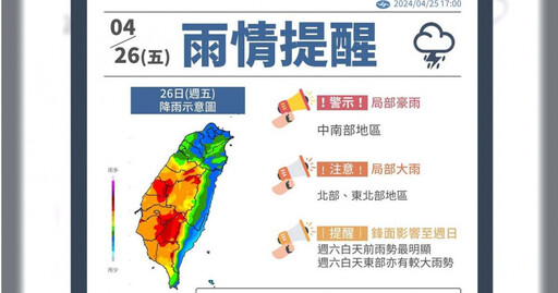 未來48小時降雨高峰！7縣市即刻大雨特報 雨量預測圖「中南部整片紅」