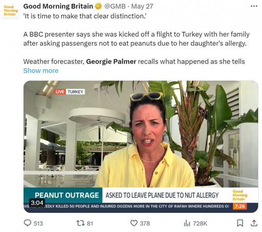 BBC女主播搭機「求乘客別吃花生」 機長被惹火踢全家下機