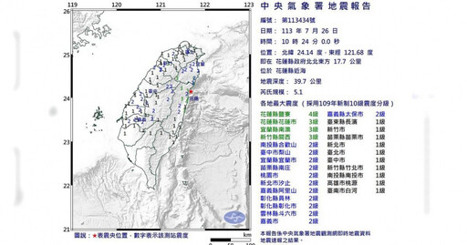花蓮近海10：24規模5.1地震 最大震度4級