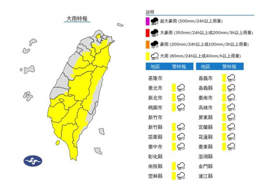 快訊／午後對流旺盛 16縣市大雨特報