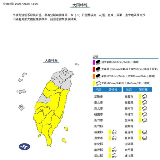 國家警報大響「大雷雨炸3縣市」 氣象署另對11縣市發布大雨特報