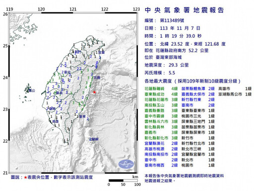 花蓮凌晨連3震！規模5.5極淺層地震 最大震度4級