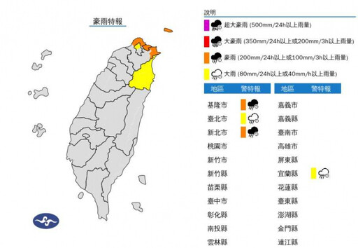 快訊／下班注意！ 北北基宜4縣市豪、大雨特報