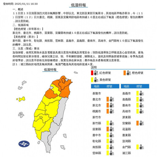 急凍10度以下！15縣市低溫特報 5地區亮橙色燈號「非常寒冷」