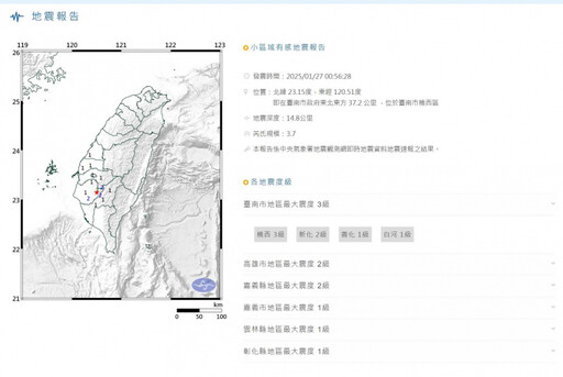半夜不安穩 台南暗夜接連6地震「最大震度4級」