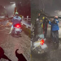 淡水晚間下暴雨！路樹倒塌橫躺機車道 多位騎士合力抬走