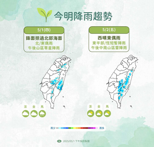 首波梅雨鋒面通過全台有雨!下周二再變天 各地都有短暫陣雨或雷雨天氣