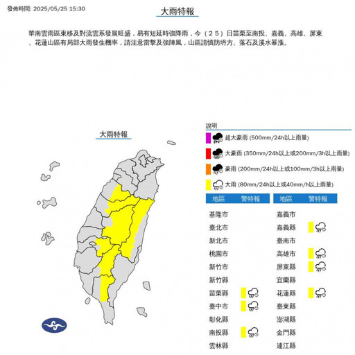 快訊/鋒面雨彈還沒炸完!7縣市大雨特報 雨勢持續到深夜