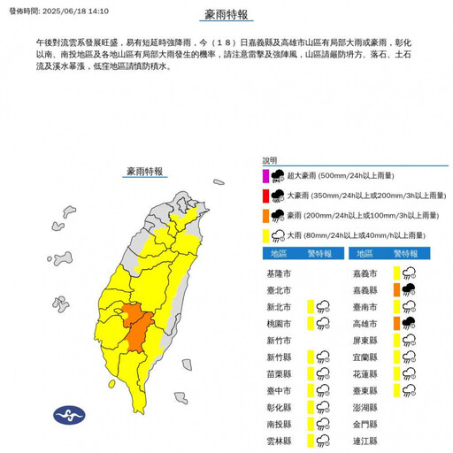 午後變天!16縣市大雨特報 多地區慎防大雷雨