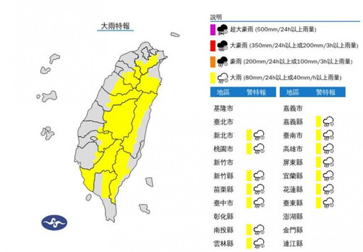 國家警報響了!雨彈狂炸14縣市 嘉義縣大雷雨警戒1小時